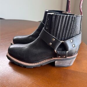 Freebird Black Leather Moto Boots with Strap and Rivet Accents